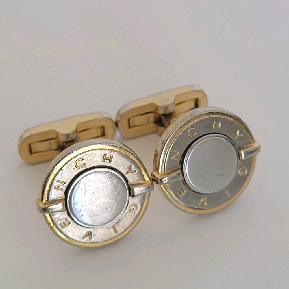 Givenchy Cufflinks Set Gold Silver Tone‎ Logo Vintage Round Buttons Retro Whale